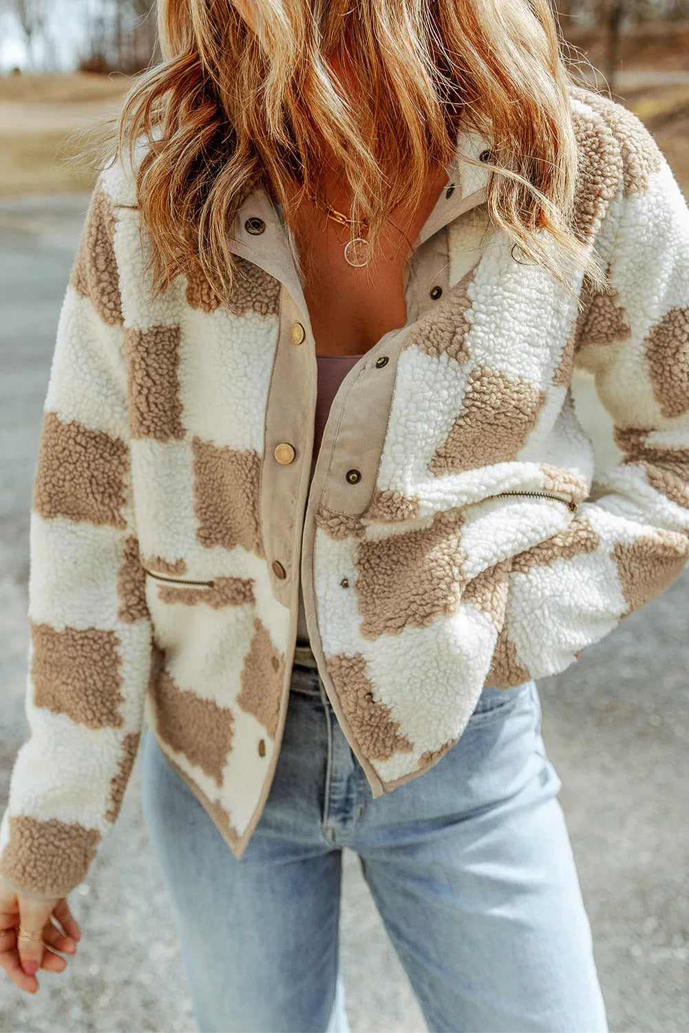 Brown Checked Snap Button Sherpa Jacket - Chic Meadow Boutique 