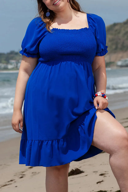 Dark Blue Shirred Ruffled Square Neck Plus Size Mini Dress - Chic Meadow Boutique 