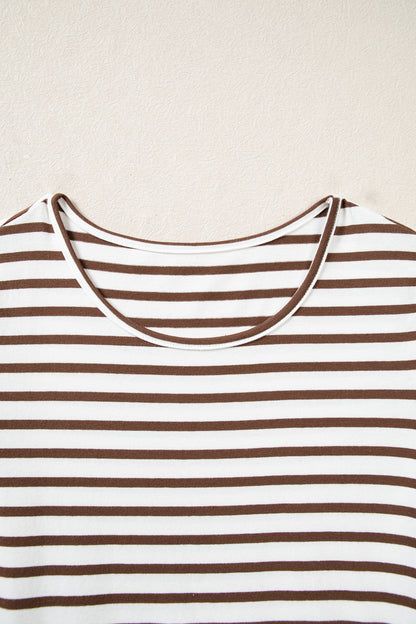 Brown Stripe Ribbed Knit Long Sleeve Bodice Contrast Patchwork Flared Dress