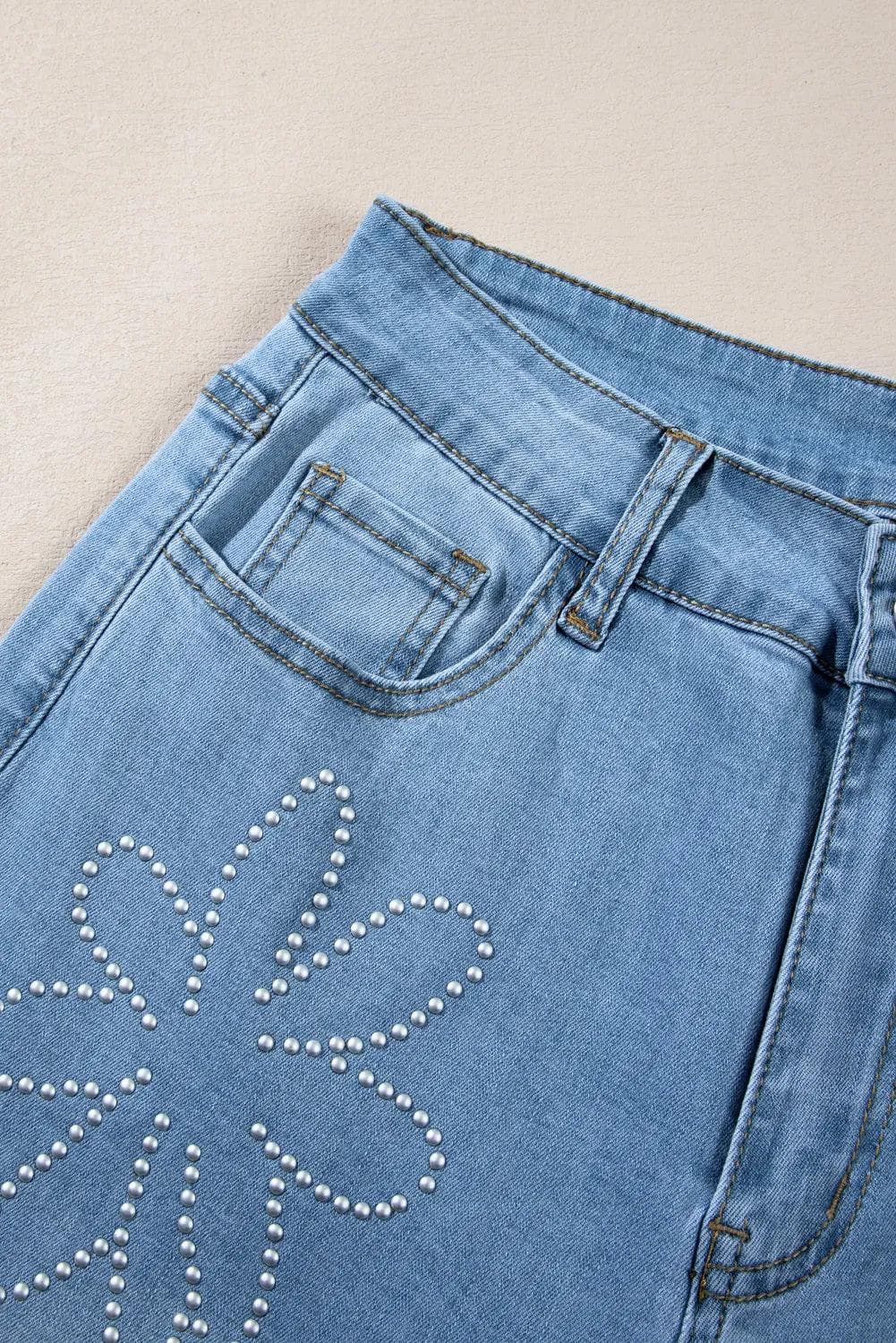 Bottoms/Jeans Light Blue Floral Rhinestone Decor High Rise Wide Leg Jeans