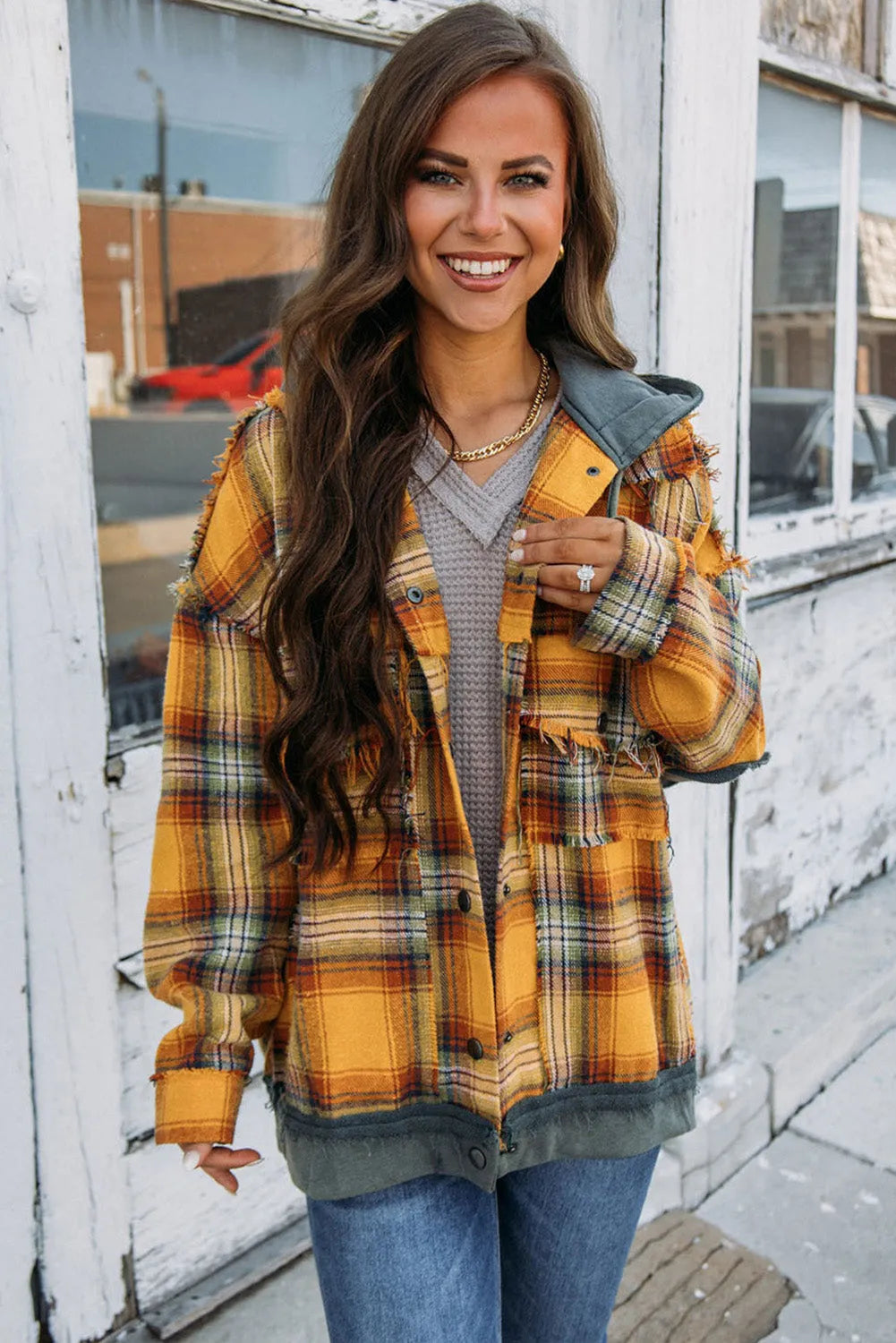 Orange Plaid Patch Hooded Frayed Snap Button Jacket - Chic Meadow Boutique 