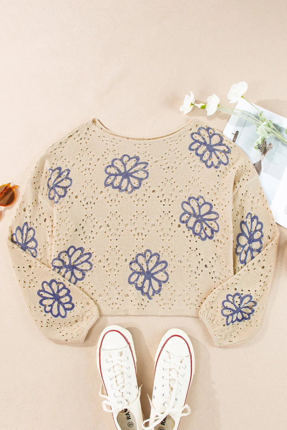 Beige Contrast Flower Print Eyelet Drop Shoulder Sweater - Chic Meadow Boutique 