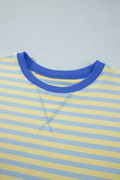 Yellow Stripe Colorblock Trim Crew Neck Loose Tee Drawstring Elastic Waist 2pcs Pant Set