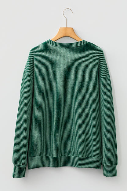 Blackish Green Twisted Rib Outlined Merry Letter Graphic Loose Long Sleeve Top