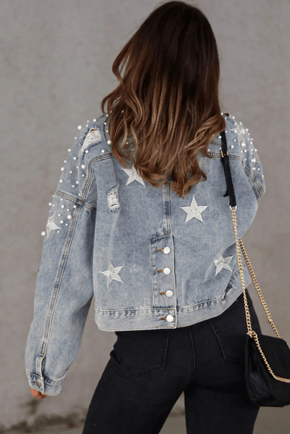 Sky Blue Distressed Pearls Star Cropped Denim Jacket - Chic Meadow Boutique 