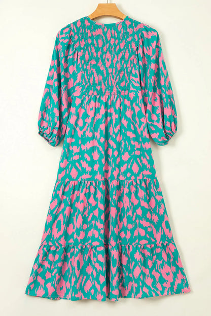 Green Abstract Print Puff Sleeve Tied Notched Neck Long Dress - Chic Meadow Boutique 