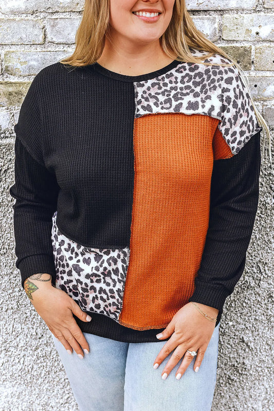 Black Orange Colorblock Leopard Patchwork Waffle Knit Plus Size Top - Chic Meadow Boutique 