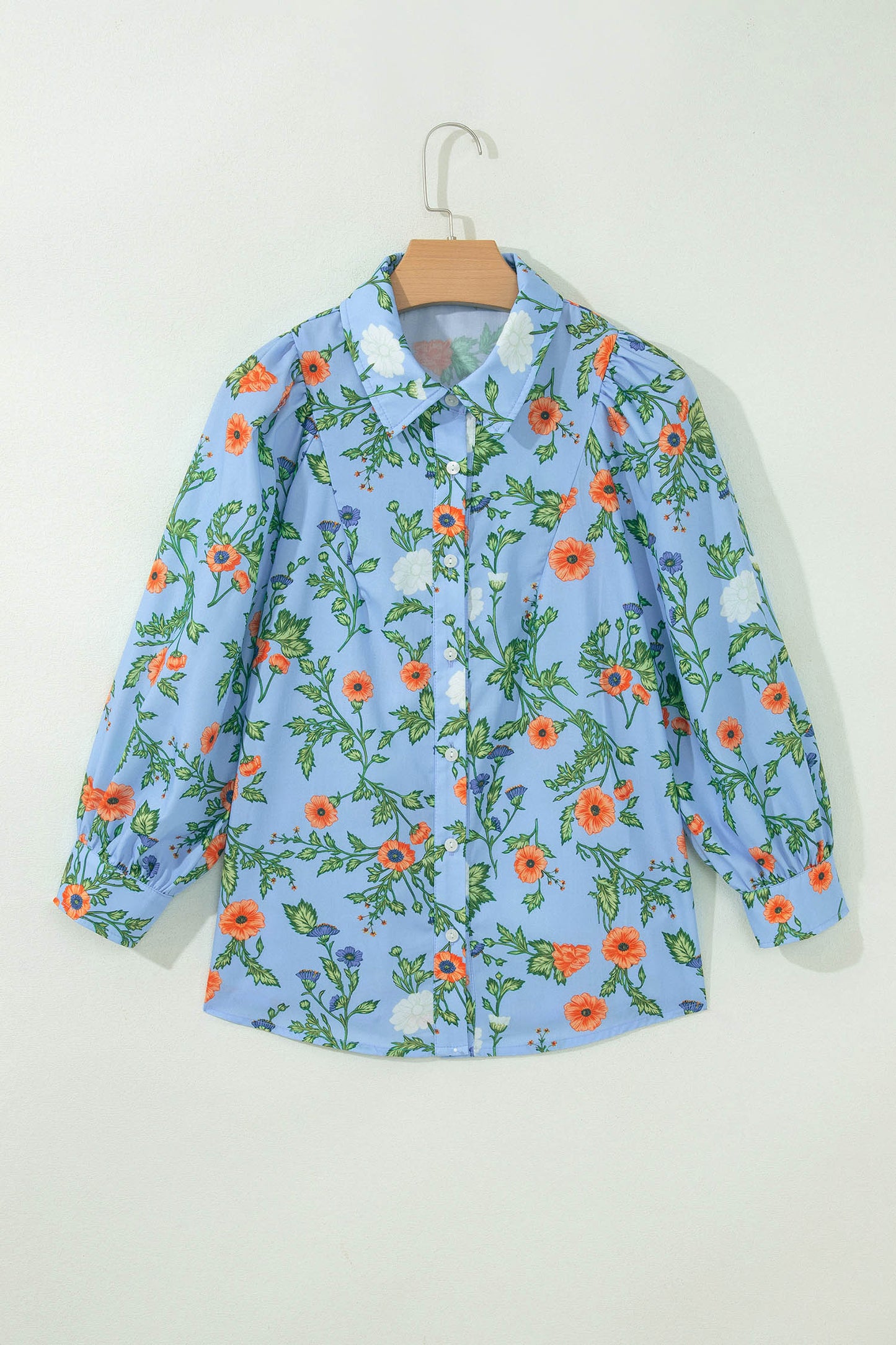 Sky Blue Floral Print Bracelet Sleeve Button Down Casual Shirt