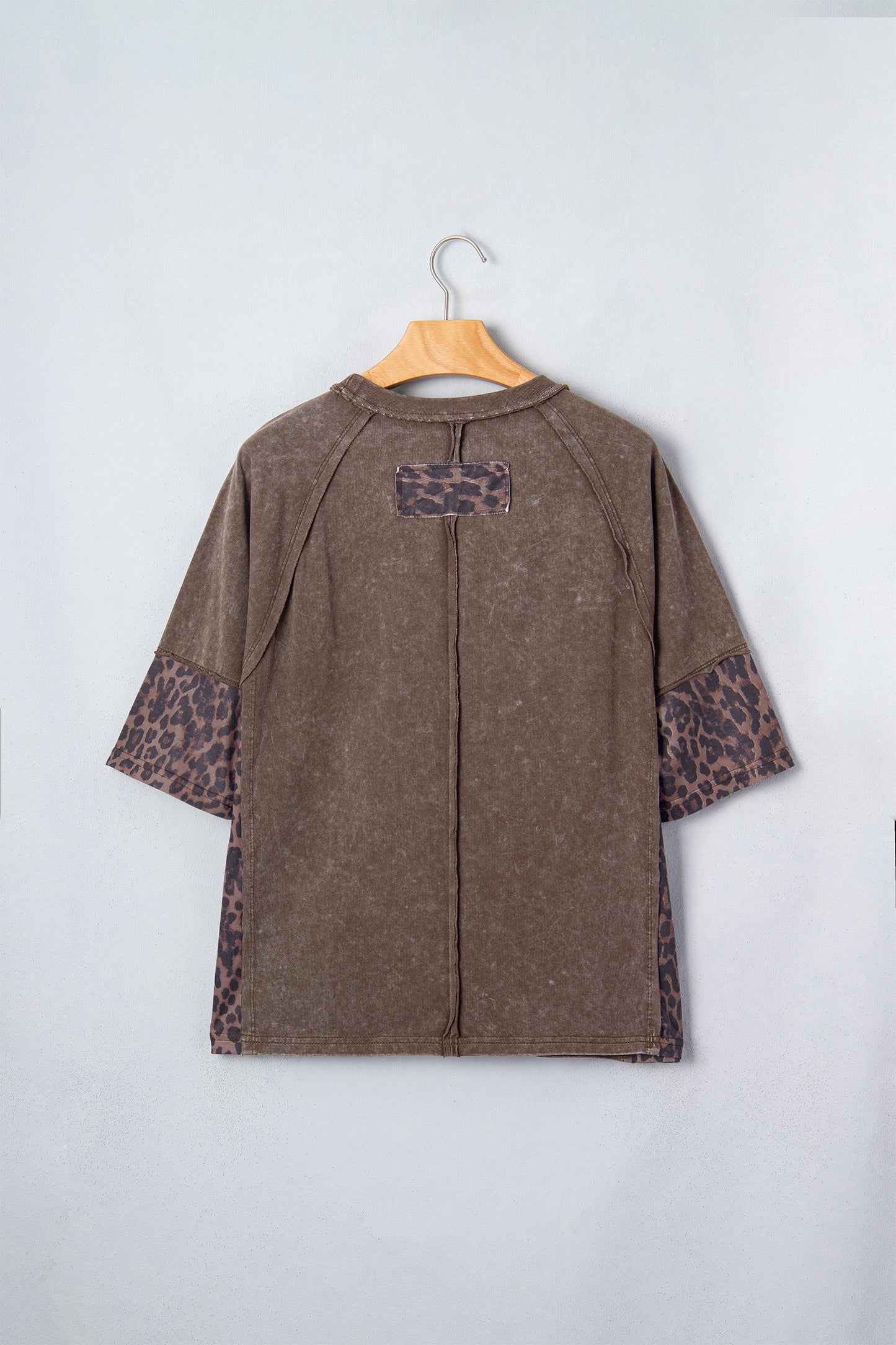 Coffee Mineral Wash Exposed Seam Leopard Star Patched T Shirt