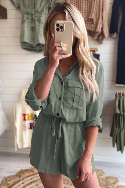 Jungle Green Roll up Sleeve Flap Pockets Drawstring Playsuit - Chic Meadow Boutique 