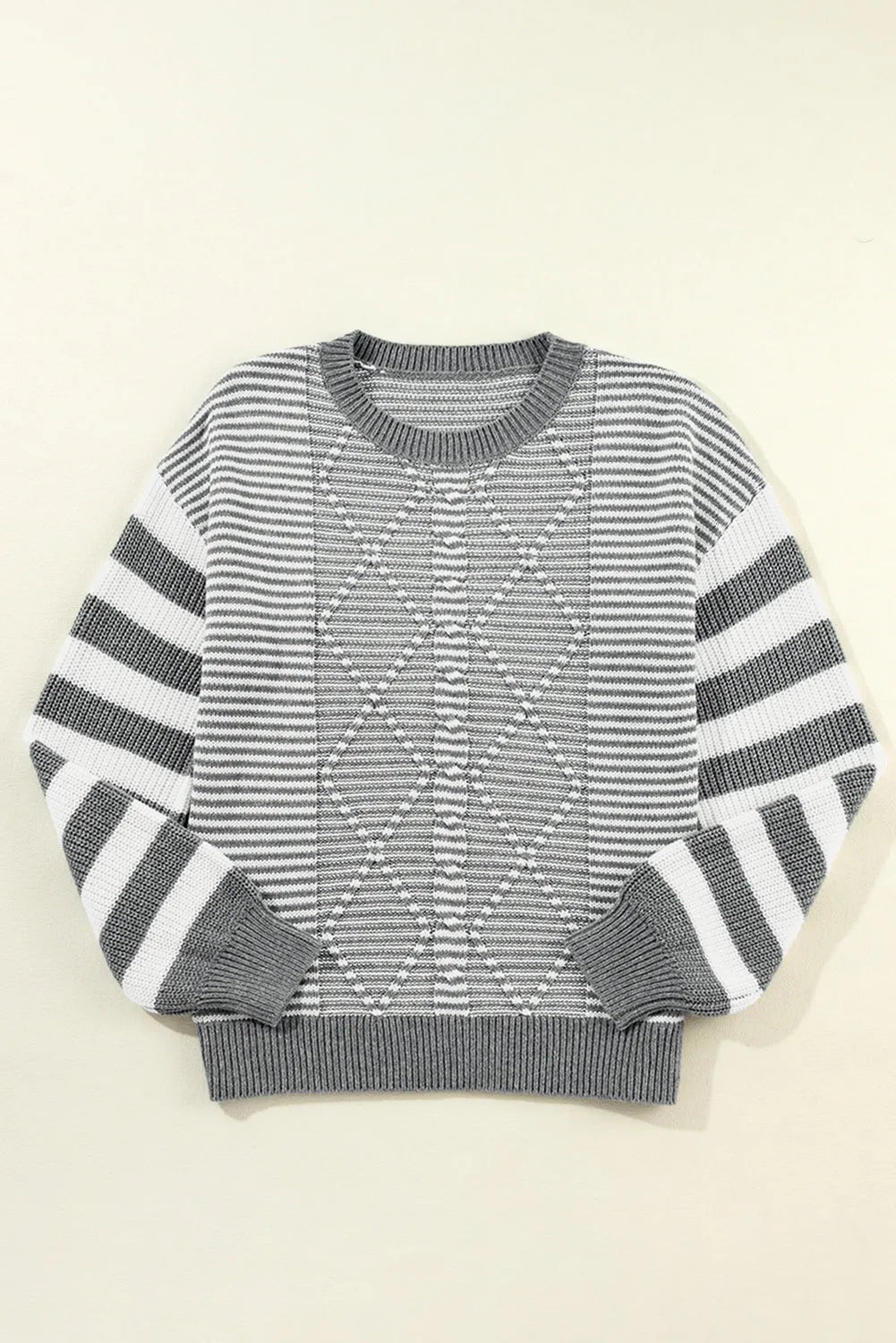 Gray Stripe Geometric Textured Drop Shoulder Sweater - Chic Meadow Boutique 