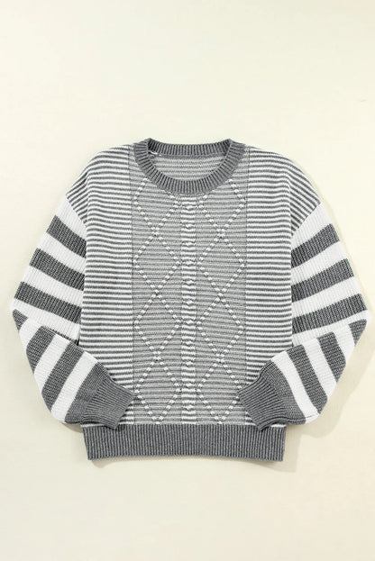 Gray Stripe Geometric Textured Drop Shoulder Sweater - Chic Meadow Boutique 