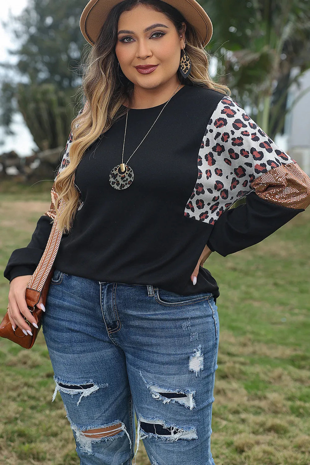 Black Leopard Sequin Patch Plus Size Long Sleeve Top - Chic Meadow Boutique 