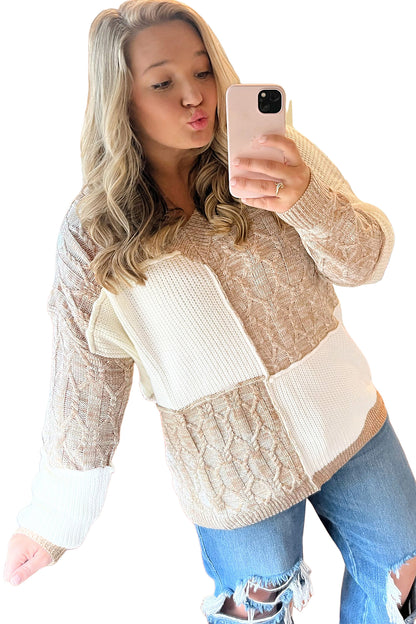Parchment Colorblock V Neck Long Sleeve Tunic Loose Fit Plus Size Sweater