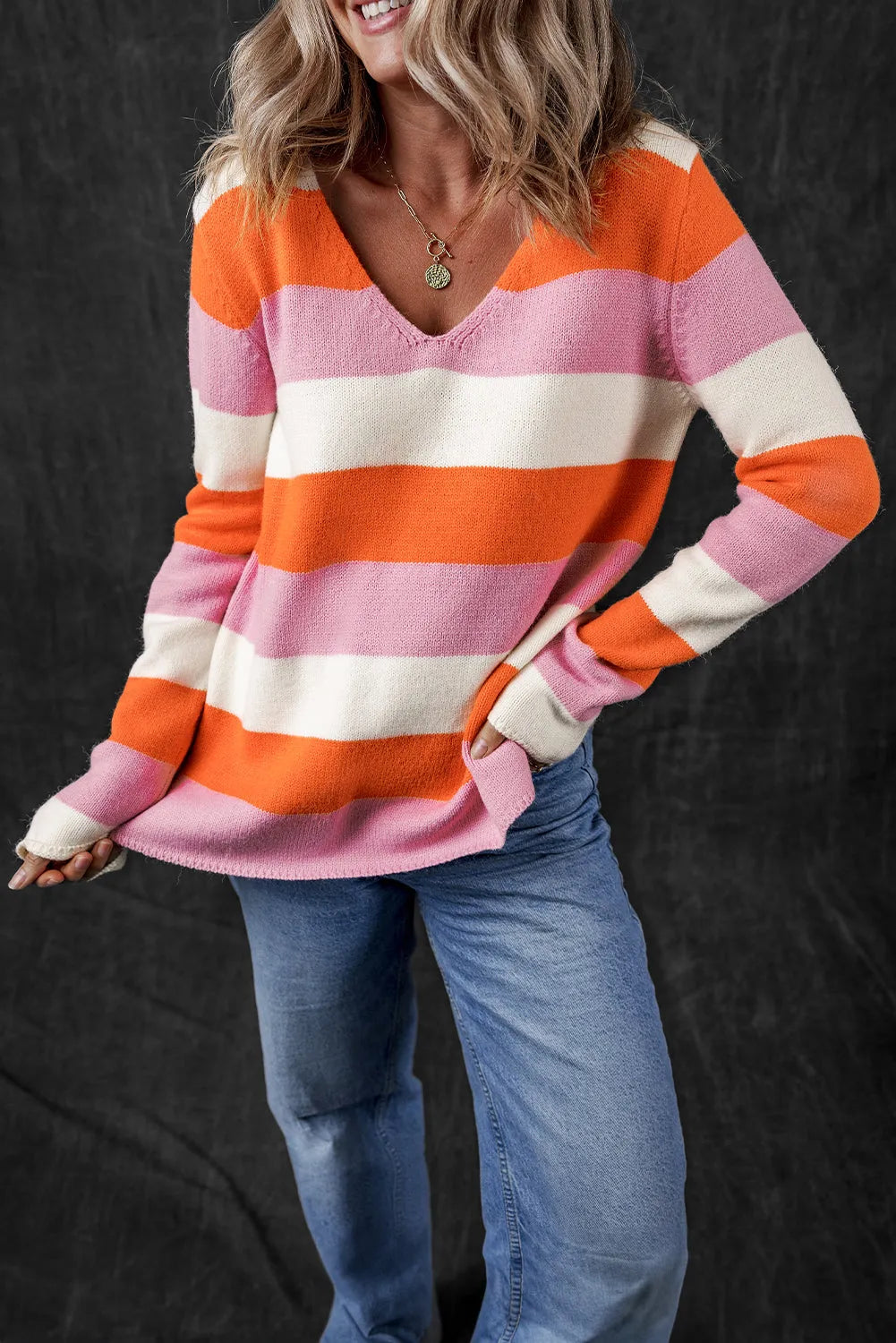 Orange Stripe Colorblock V Neck Casual Sweater - Chic Meadow Boutique 