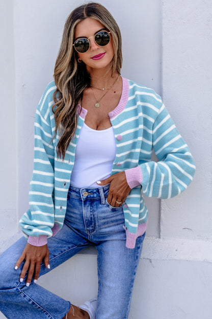 Sky Blue Stripe Striped Long Sleeve Round Neck Casual Open Front Cardigan
