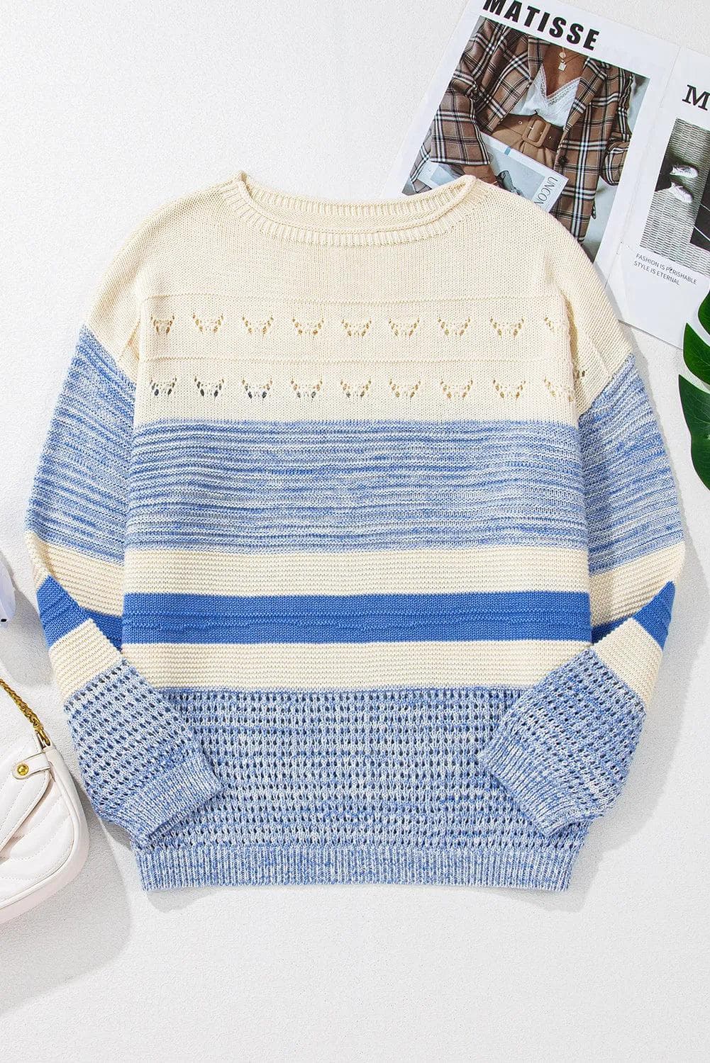 Sweaters & Cardigans/Sweaters Light Blue Open Stitch Puff Sleeve Sweater