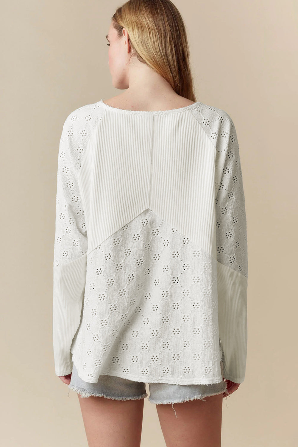 White Twisted Rib Patchwork Embroidered Loose V Neck Long Sleeve Top