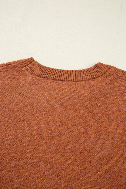 Brown Floral Short Puff Sleeve Sweater