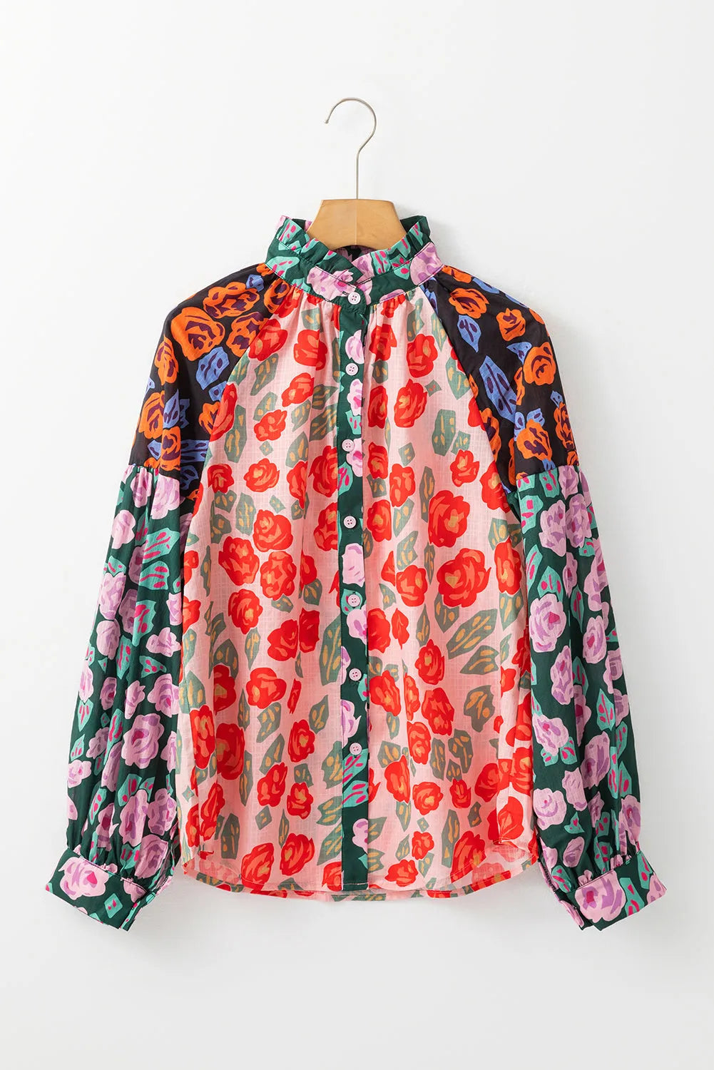 Red Colorblock Floral Printed Puff Sleeve Shirt - Chic Meadow Boutique 