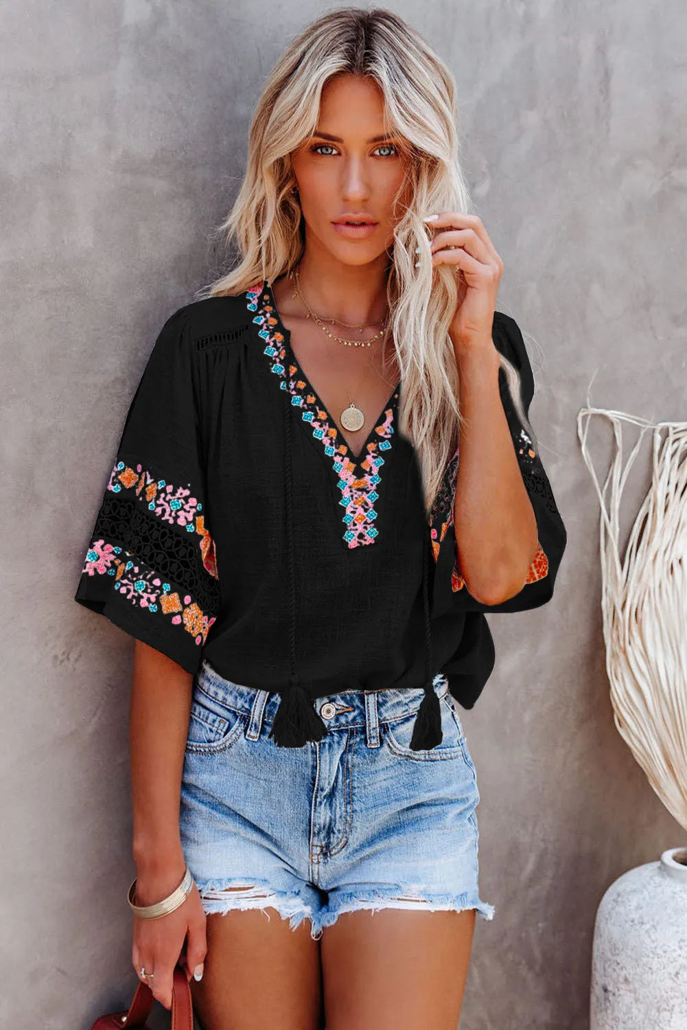 Black Tassel Drawstring Embroidered Half Sleeve V Neck Top - Chic Meadow Boutique 