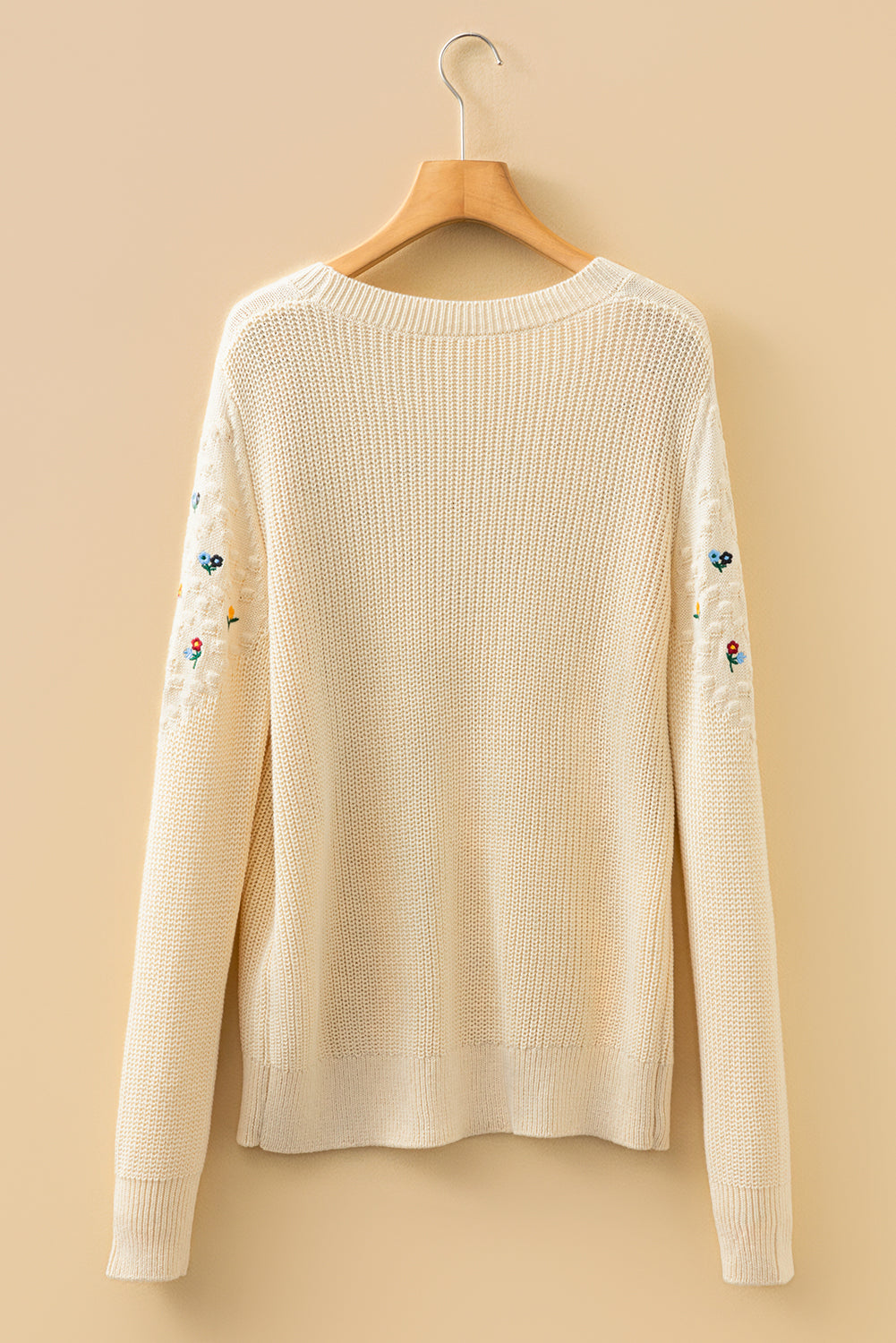 Jet Stream Mixed Texture Knit Flower Embroidered Detail Casual Sweater