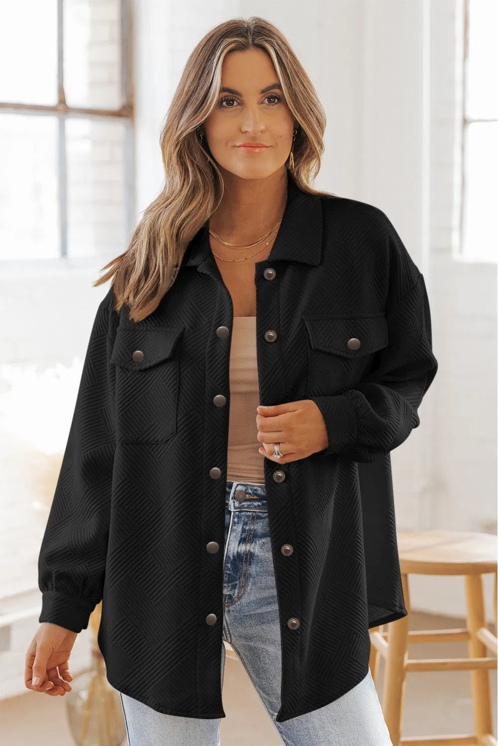 Black Solid Textured Flap Pocket Buttoned Shacket - Chic Meadow Boutique 