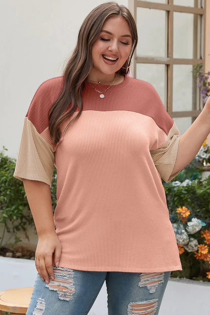 Rose Pink Plus Size Ribbed Colorblock T-shirt - Chic Meadow Boutique 