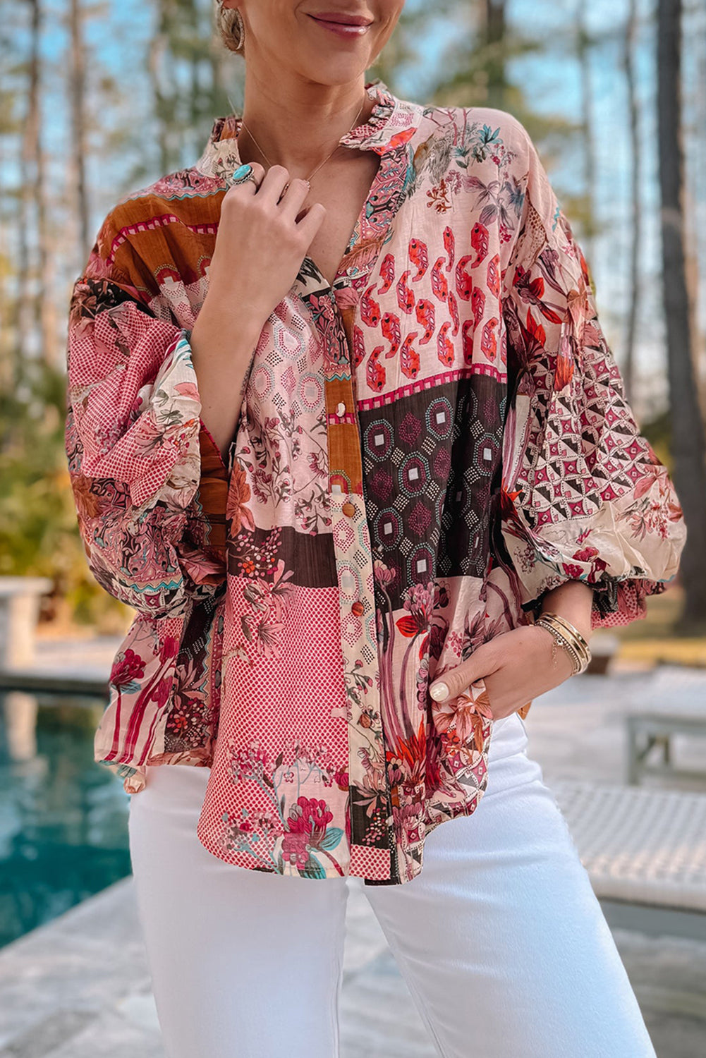 Red Boho Geometric Mixed Print Patchwork Bubble Sleeve Shirt