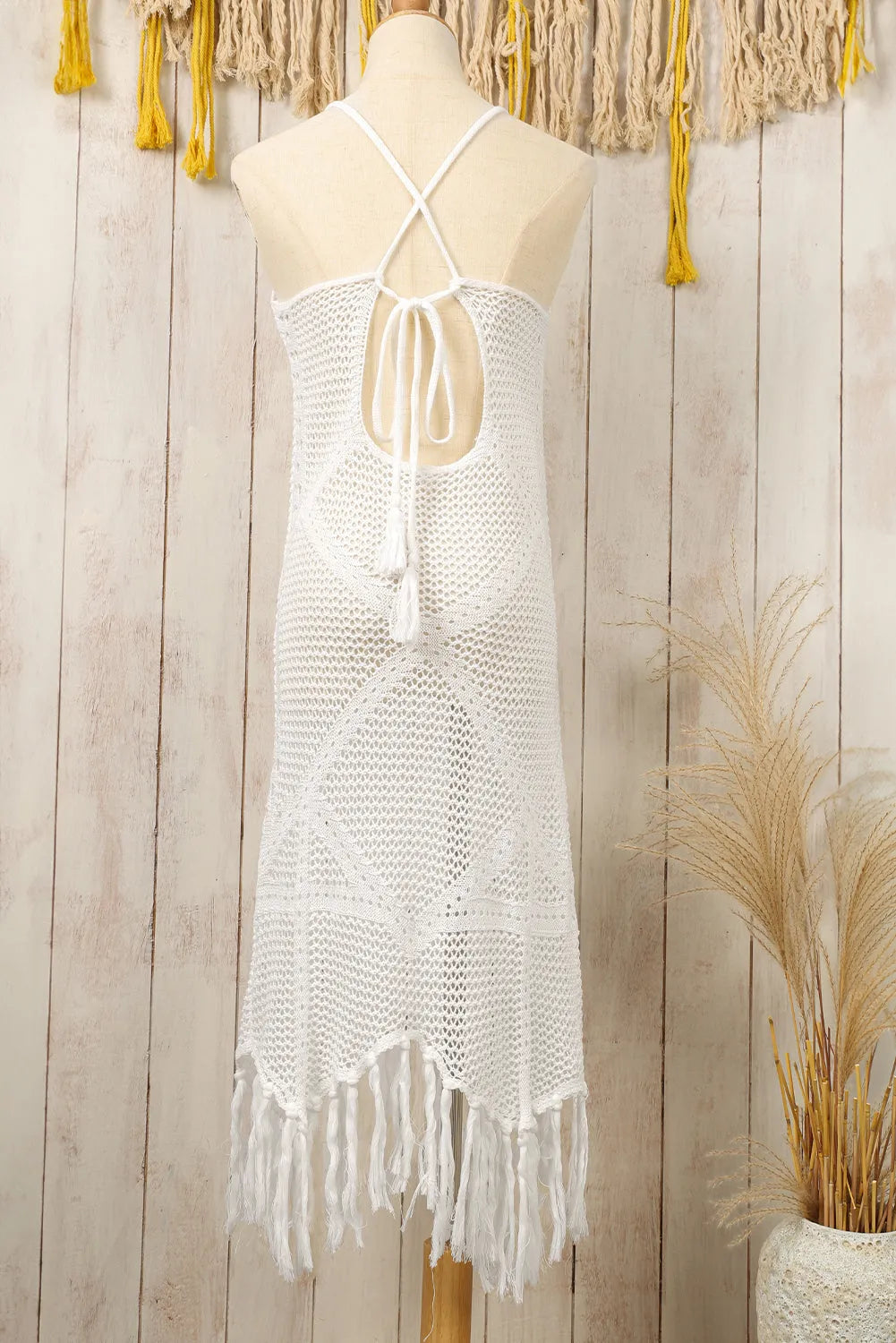 White Crisscross Knot Back Hollow Out Tasseled Beach Dress - Chic Meadow Boutique 