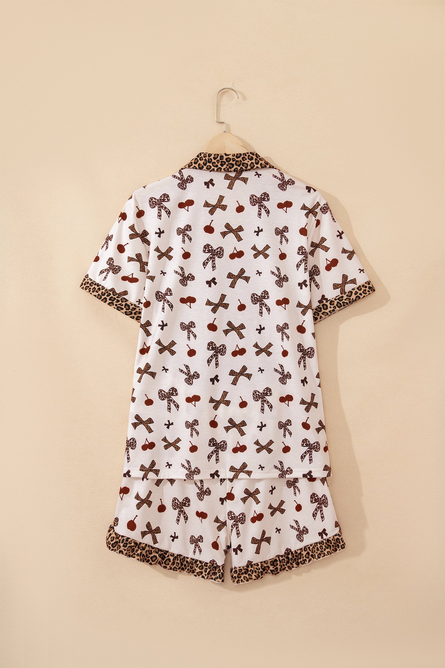 White Chic Bow Cherry Printed Leopard Contrast Patchwork Shirt Drawstring Shorts 2pcs PJ Set