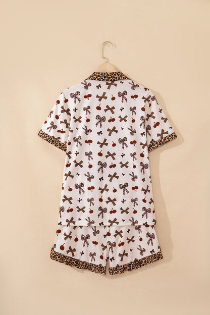 White Chic Bow Cherry Printed Leopard Contrast Patchwork Shirt Drawstring Shorts 2pcs PJ Set