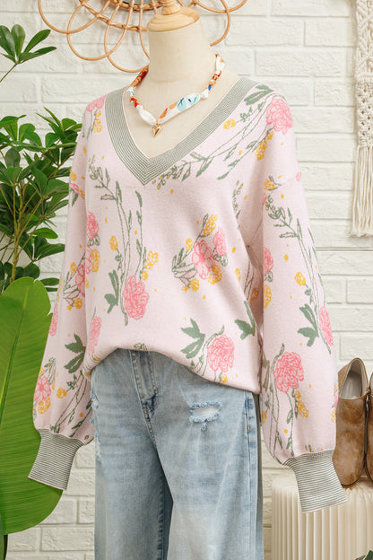 Pink Floral Pattern Striped V Neck Loose Sweater