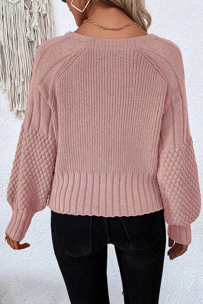 Light Pink Mixed Texture Knit Button V Neck Sweater Cardigan