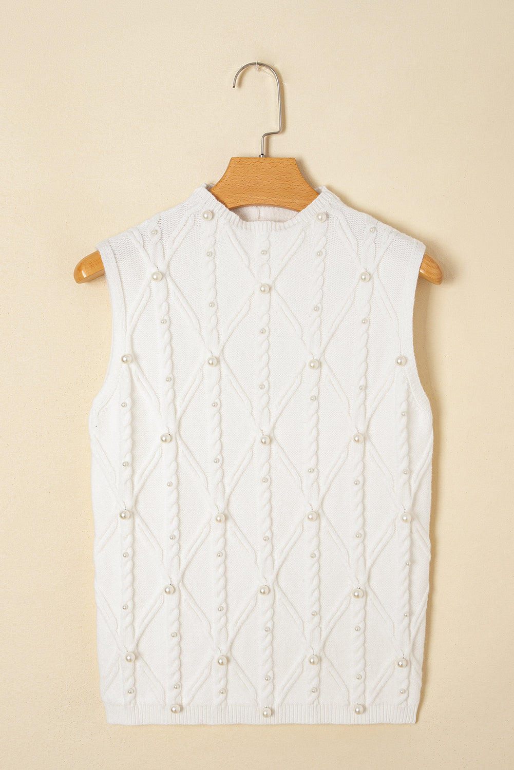 White Pearled High Neck Textured Knit Sweater Vest