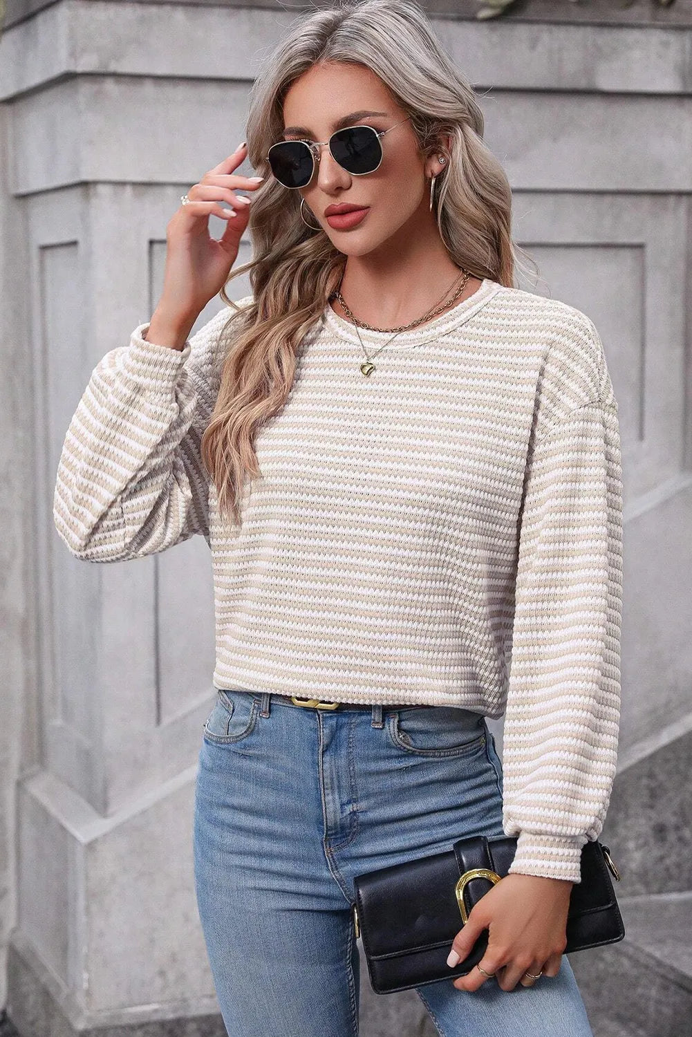 Khaki Stripe Round Neck Drop Shoulder Long Sleeve Top - Chic Meadow Boutique 