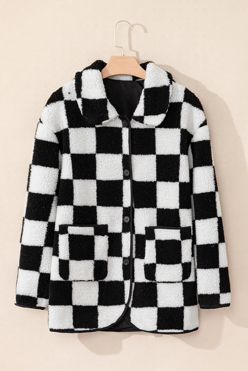 Black Checkered Side Pockets Collared Buttoned Fleece Jacket - Chic Meadow Boutique 