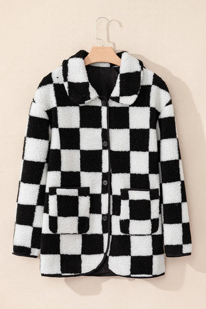 Black Checkered Side Pockets Collared Buttoned Fleece Jacket - Chic Meadow Boutique 