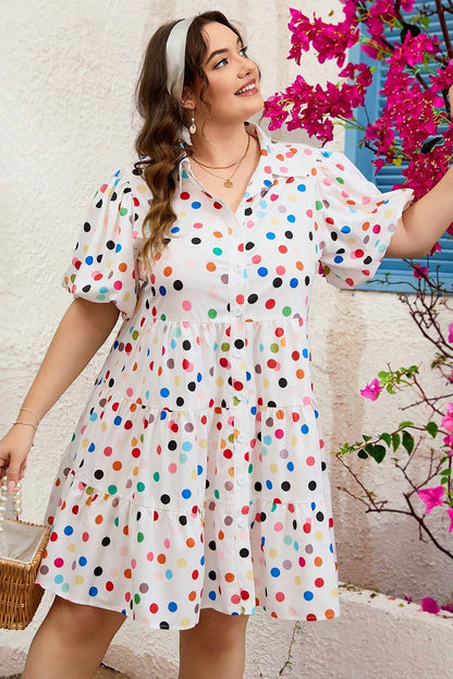 White Polka Dot Print Bubble Sleeve Button Up Plus Size Shirt Dress