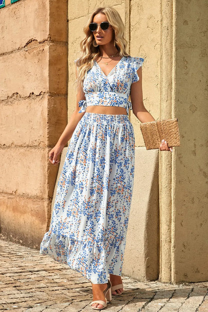 White Floral Ruffled Crop Top and Maxi Skirt Set - Chic Meadow Boutique 