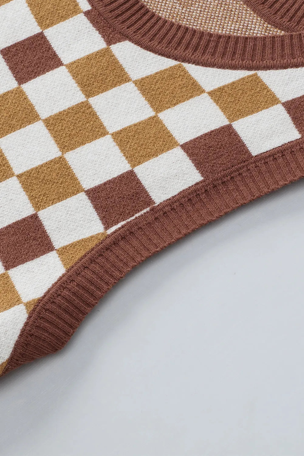 Brown Checkered Ribbed Trim Knit Sweater Vest - Chic Meadow Boutique 