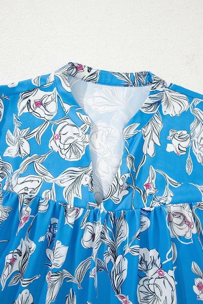 Sky Blue V Neck Floral Print 3/4 Puff Sleeve Blouse