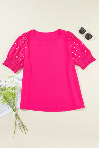 Rose Red Pearl Detail Puff Sleeve Plus Size Top - Chic Meadow Boutique 