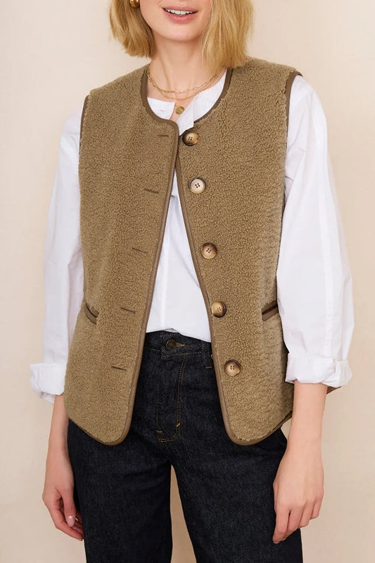 Camel Leather Contrast Side Pockets Buttoned Fleece Vest - Chic Meadow Boutique 