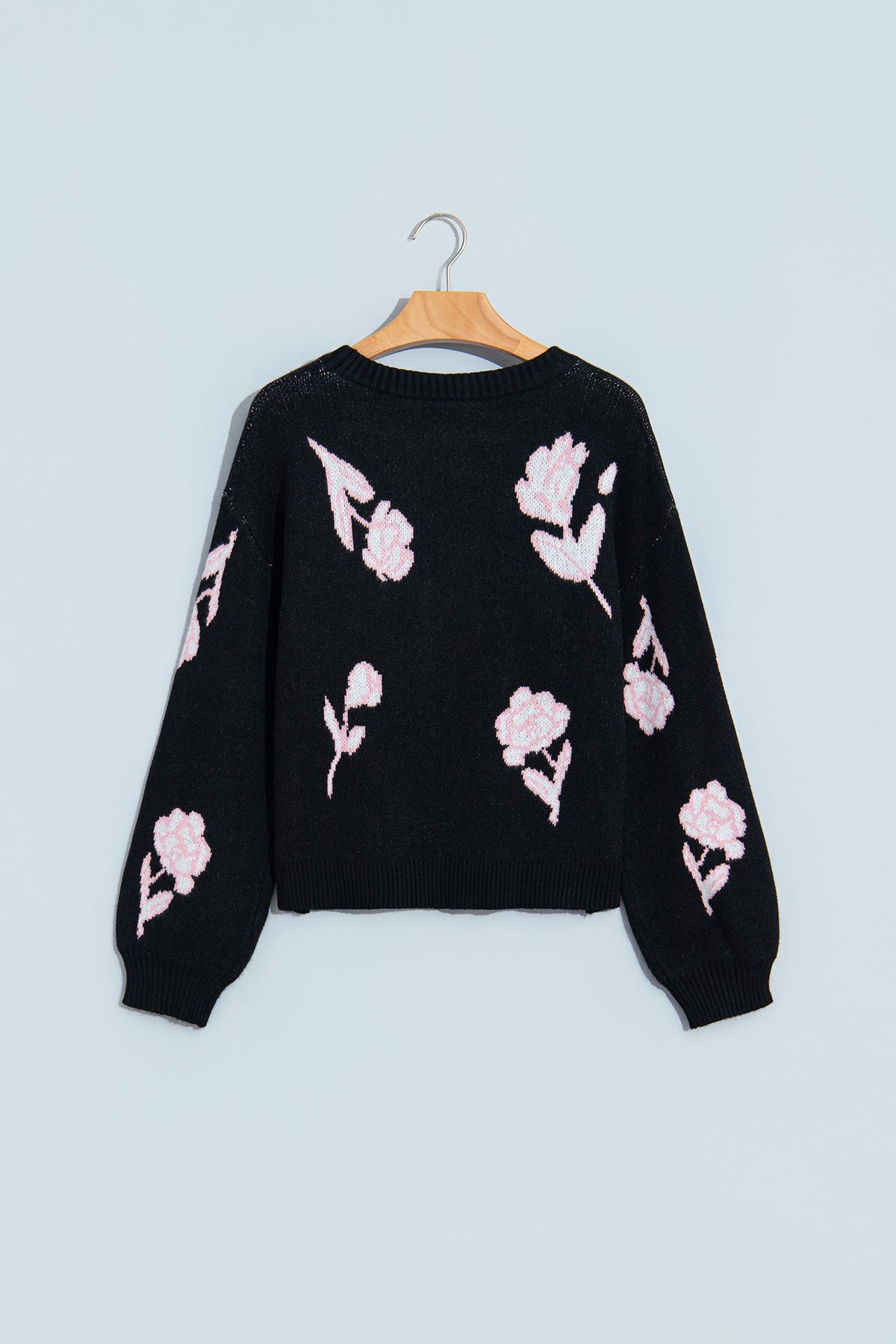 Black Floral Pattern Puff Sleeve Dropped Shoulder Pullover Sweater