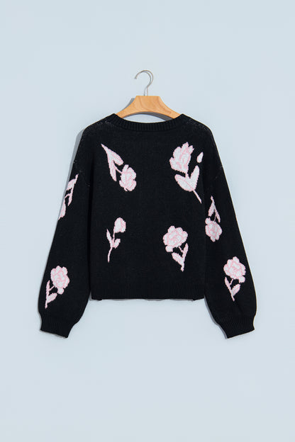 Black Floral Pattern Puff Sleeve Dropped Shoulder Pullover Sweater