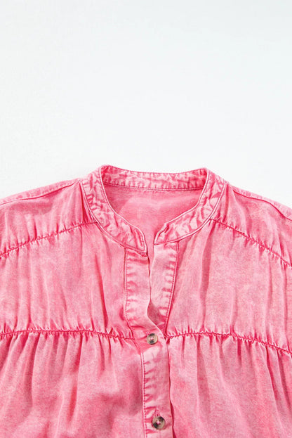 Pink Ruffled Short Sleeve Buttoned Denim Mini Dress - Chic Meadow Boutique 