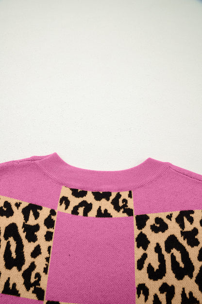 Rose Red Leopard Checkerboard Short Sleeve Knit Sweater