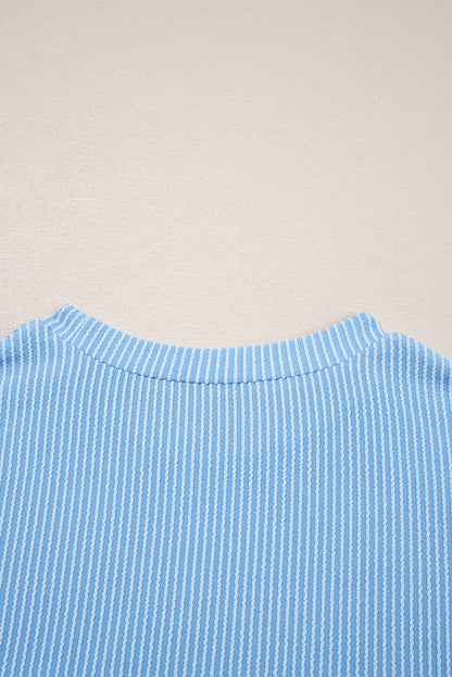 Dark Blue Corded Knit Color Block Pocketed Crew Neck T Shirt