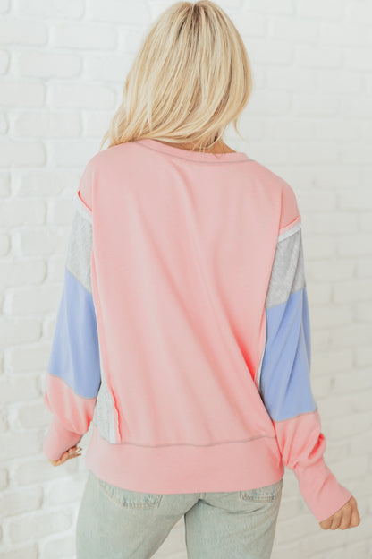 Apricot Pink Exposed Seam Color Block Patchwork Slit Cuffs Oversize Sweatshirt